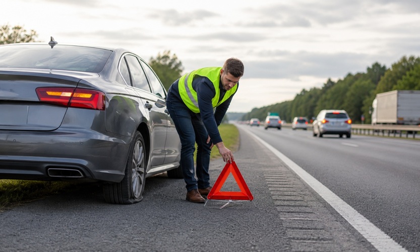 Person placing a warning triangle beside a car with a flat tire on the highway shoulder