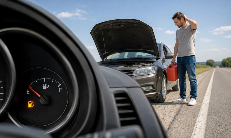 Driver standing beside a car with an open hood holding a gas can after running out of gas on the roadside